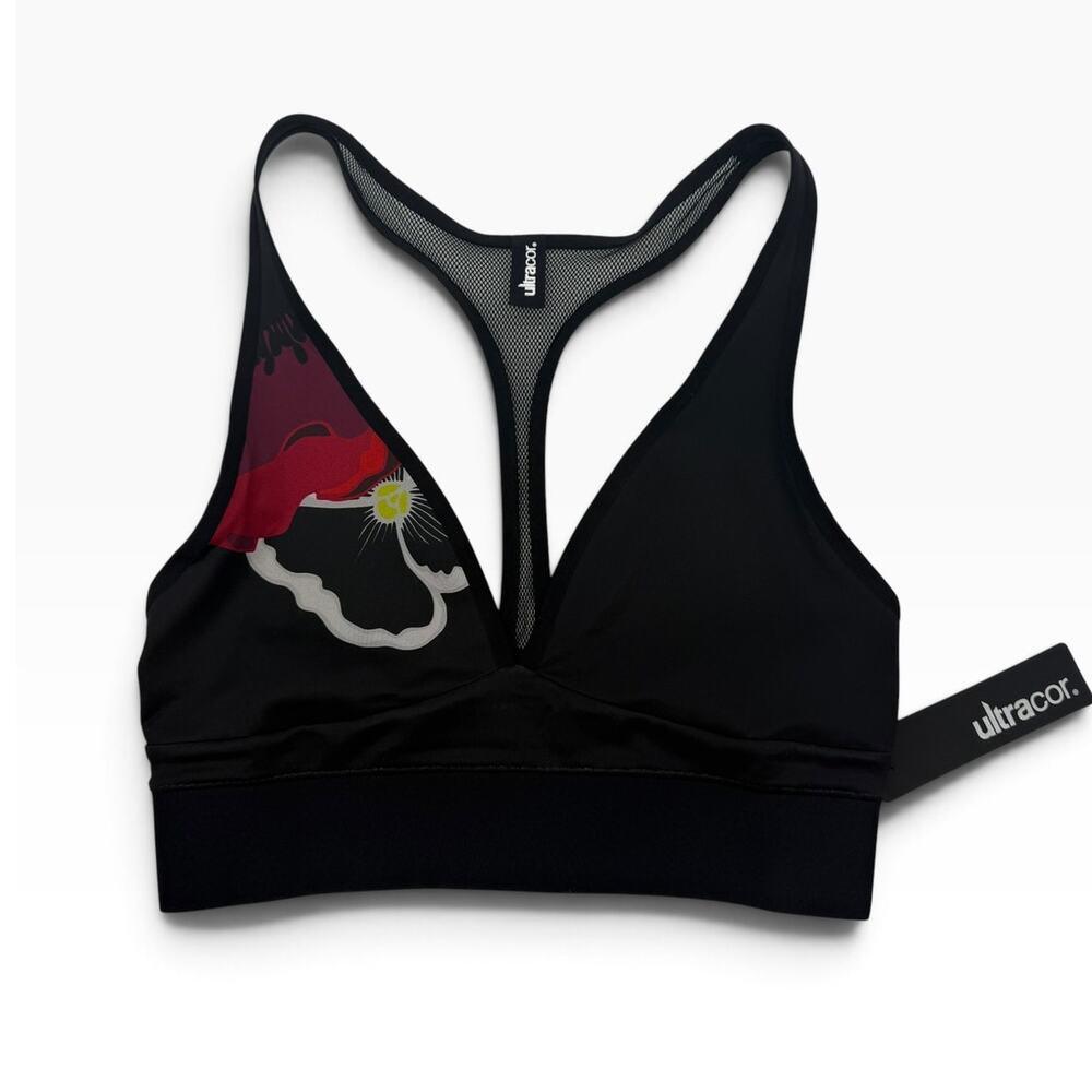 Ultracor Black Poppy Print Racerback Sports Bra Mesh Back Women's Small NWT